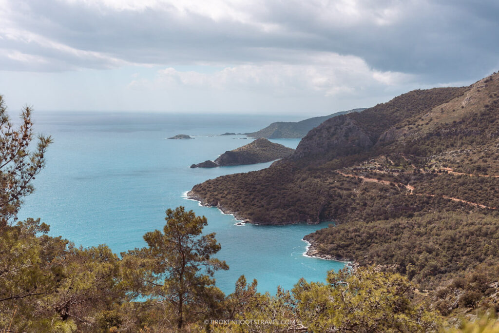 Looking over Mediterranean Sea from Lycian Way, blue water and green mountains