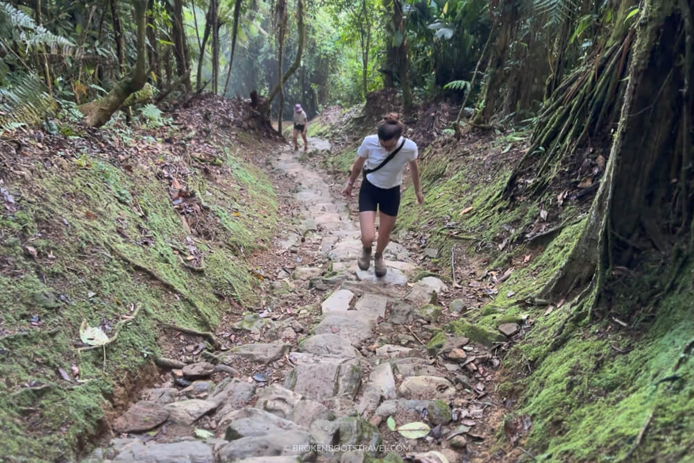 Girl in white shirt hiking up stone steps in the jungle