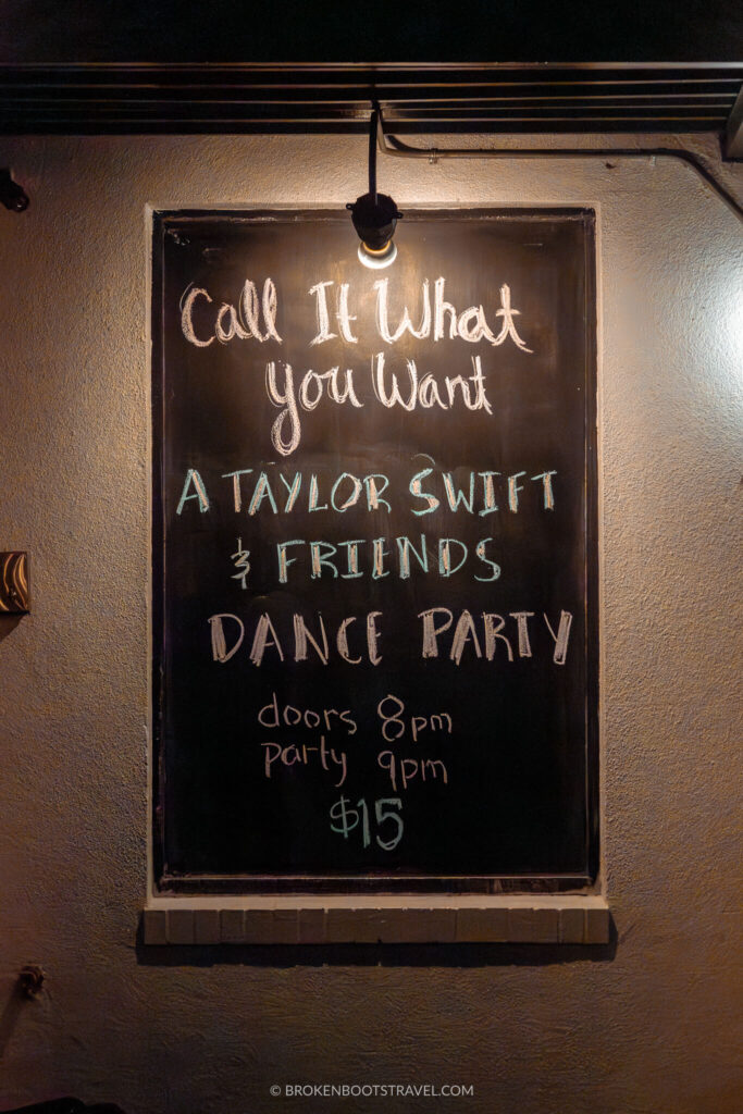 Chalkboard sign advertising Taylor Swift dance party