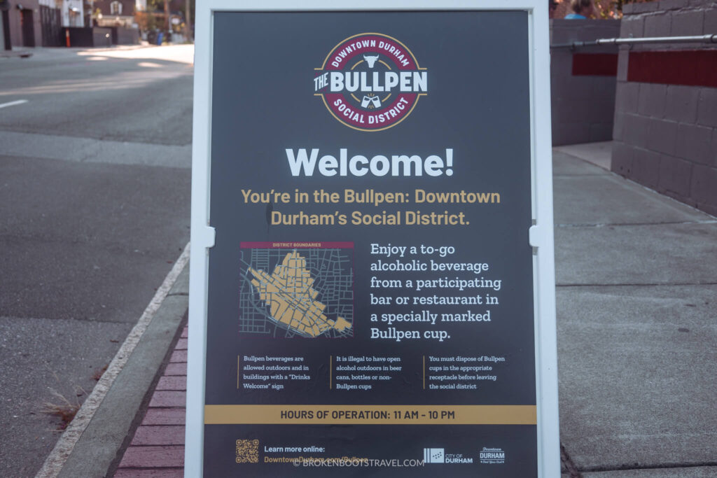 Sign for the Bullpen Social District in Durham, NC