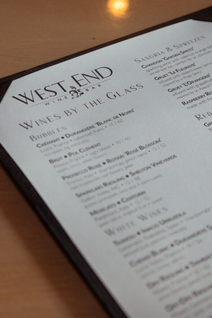 Menu for West End Wine Bar in Durham, North Carolina