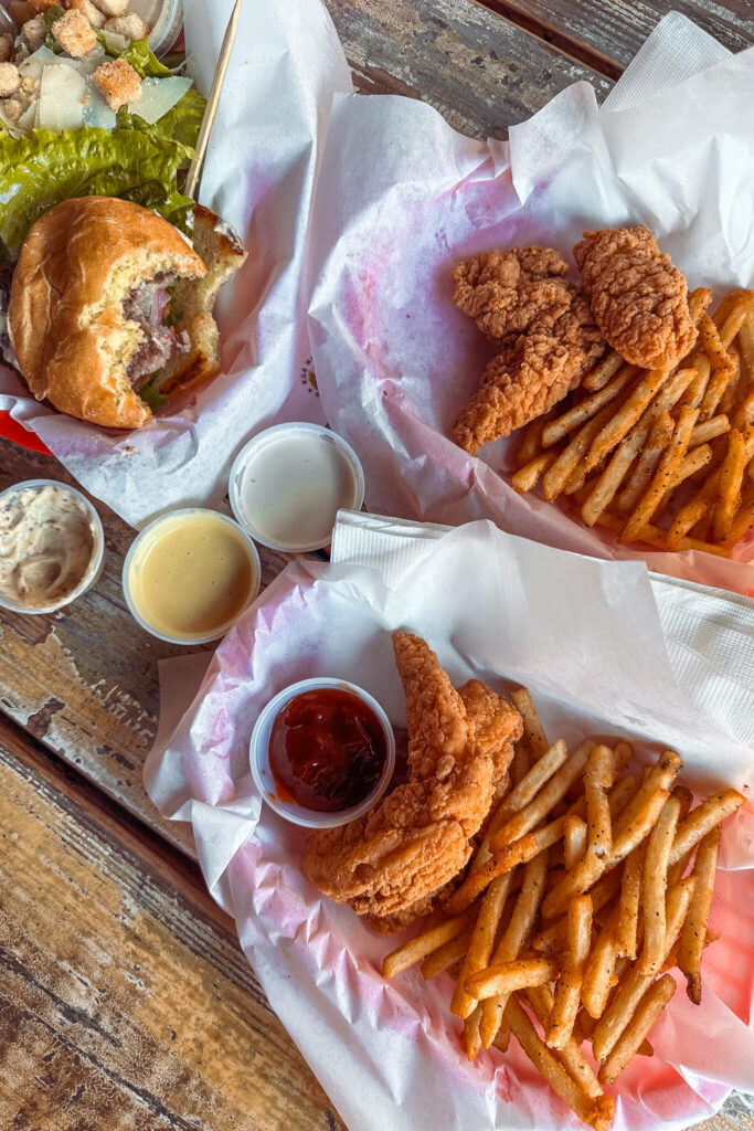 Chicken tenders and burger at Bull McCabe's in Downtown Durham, NC