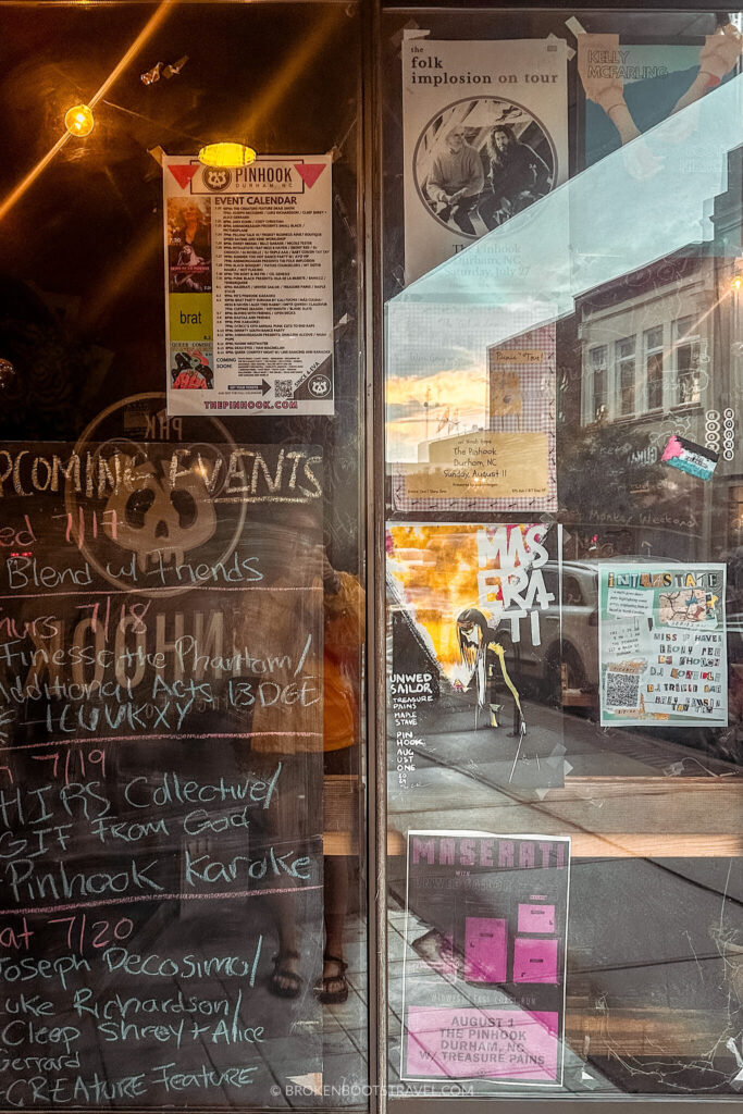 Upcoming events in a window at Pinhook in Durham, NC