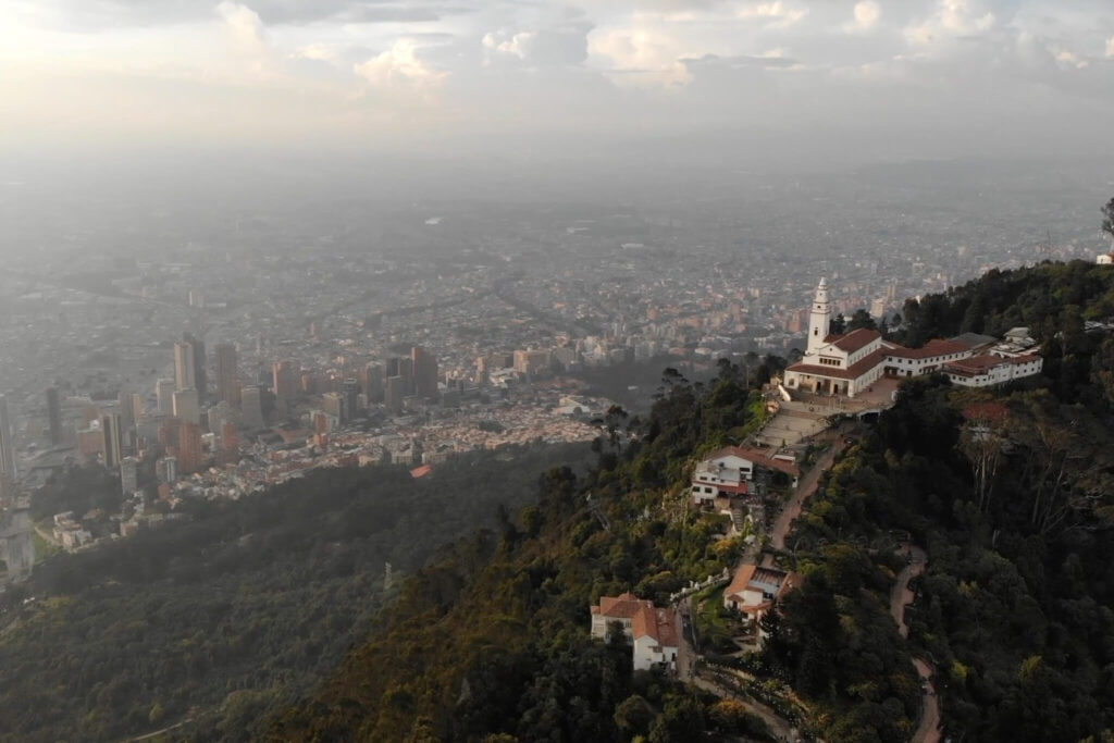 Bird's eye view of Monserrate monastery above the city of Bogota, Colombia