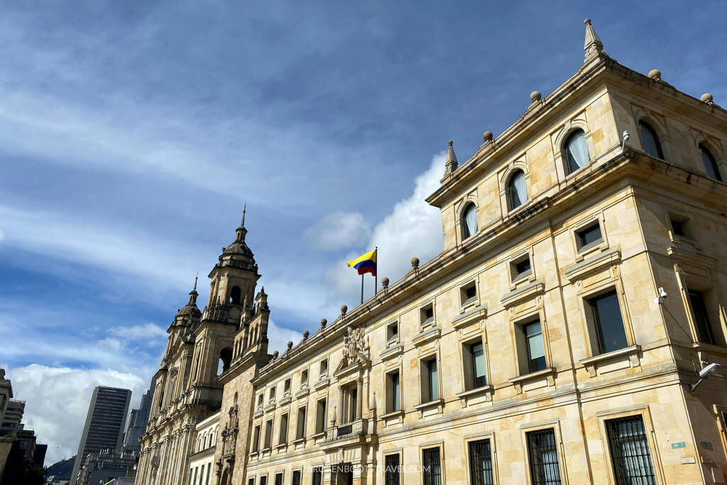 Colonial buildings in Plaza Boliver, Bogota with blue sky, bogota, medellin itinerary