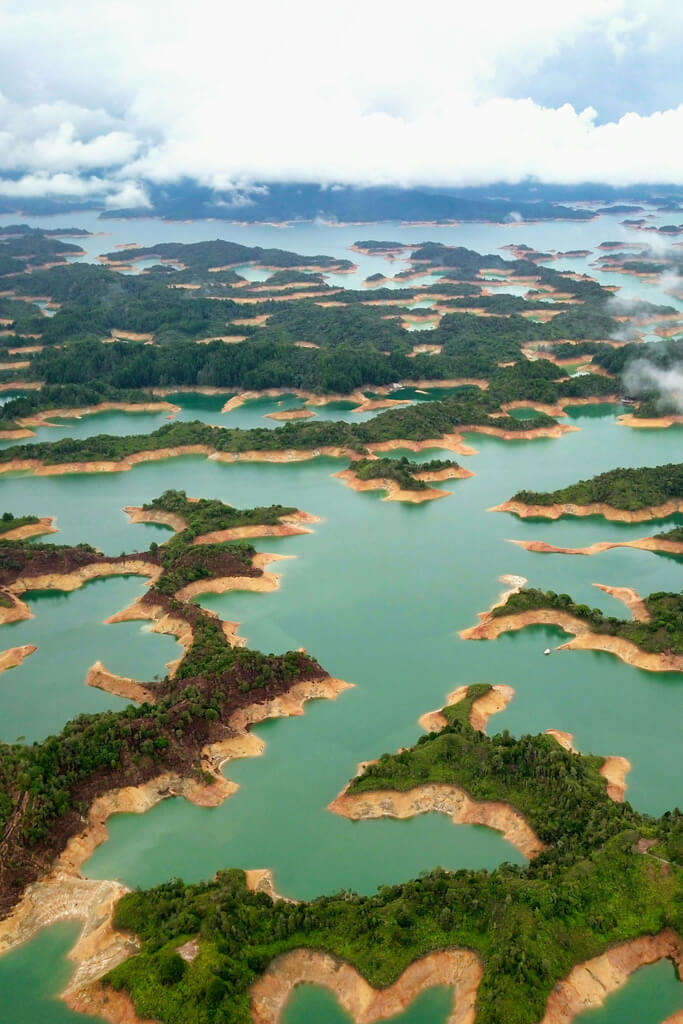 Overlooking the Embalse de Guatape with green islands in blue water