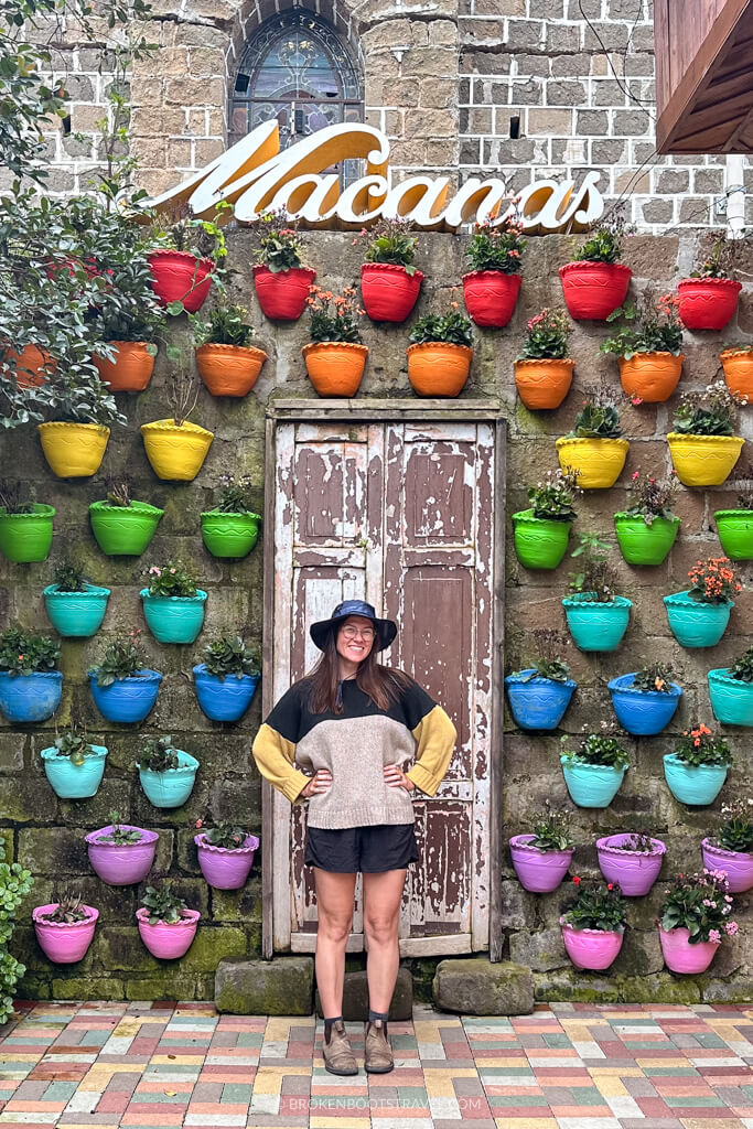 girl in sweater and hat posing in front of a wall covered in colorful flower pots