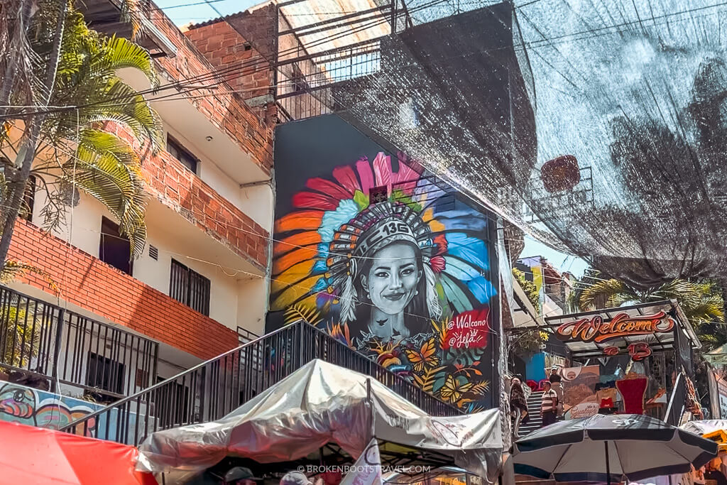 Mural of a woman in a colorful native headdress