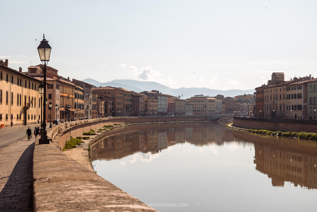 View of Pisa, Italy with Arno River passing through