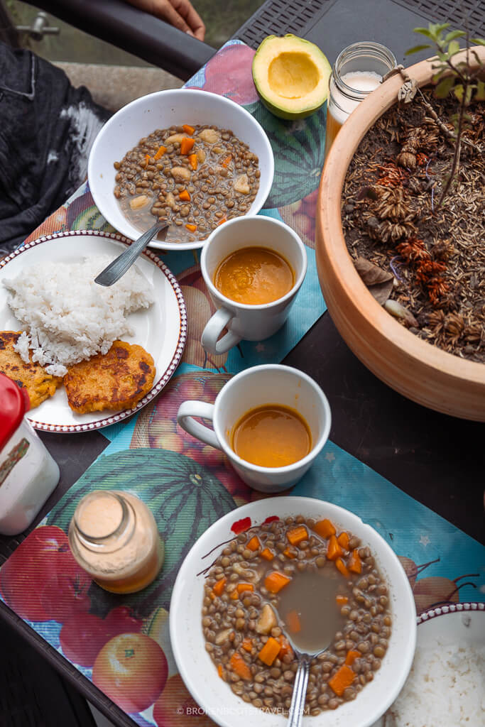 Colombian food, soup, arepa, rice, and juice