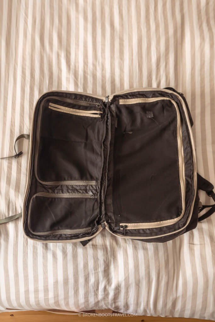 Open Forclaz Travel 500 40L Backpack on striped blanket