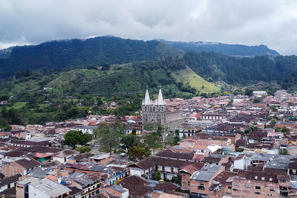 Drone shot of town of Jardí, Antioquia, Day trip from Medellín