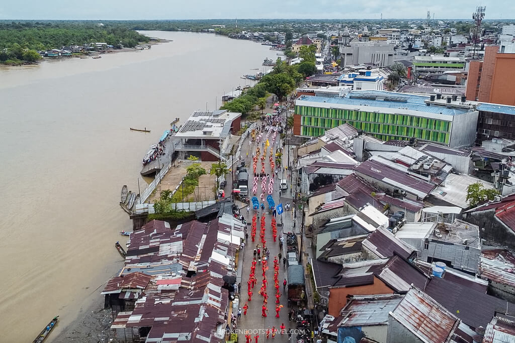 Aerial shot of Quibdó with the parades of San Pacho passing below