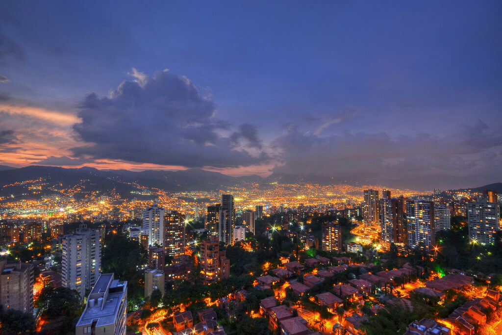 City skyline of Medellin at night