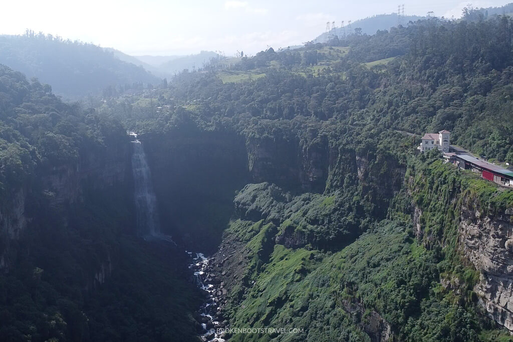 Canyon with waterfall and white building Salto de Tequendama