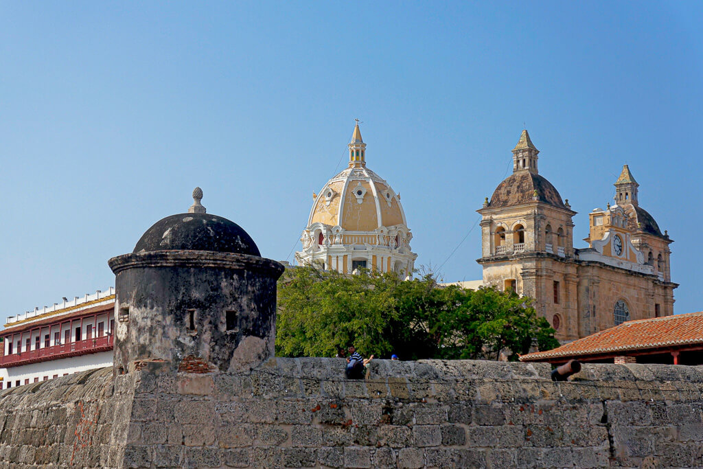 Overlooking the skyline of Cartagena, Colombia and the walled city