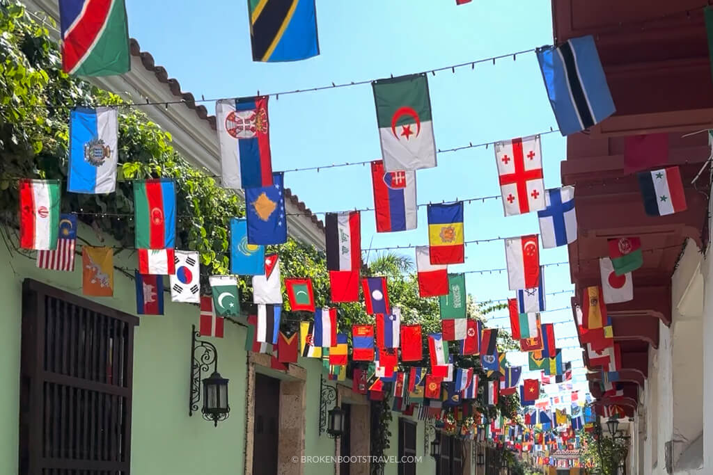Colorful flags in Getsemani, Cartagena, Colombia